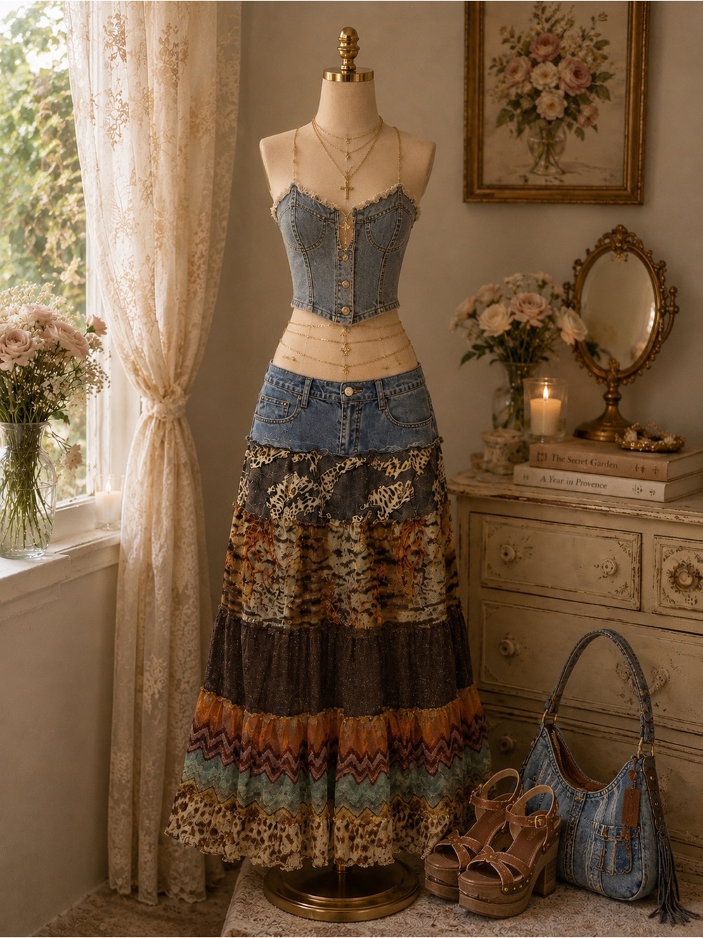 Rare Milana Patchwork Animal Print Boho Maxi Skirt | Denim Waist | Size 4 - Picture 4 of 11